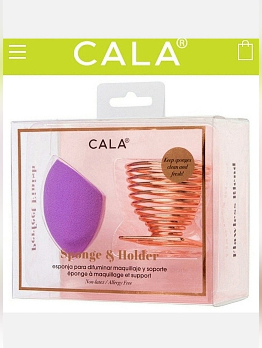 CALA Purple Pro Blender Makeup Sponge & Gold-tone Holder Stand NIB